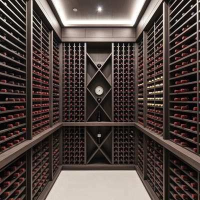 Modern wine cellar with racks of red wine bottles, temperature and humidity gauges visible