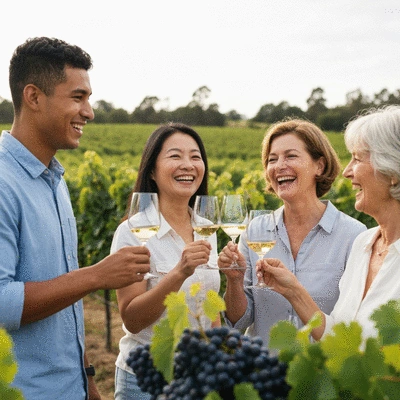 People enjoying a wine tasting at a vineyard, holding wine glasses, diverse group, natural light, vineyard in background