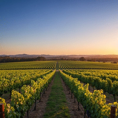 Panoramic view of a lush Australian vineyard at sunset, rows of grapevines, rolling hills, clear sky