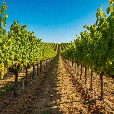 Vineyard rows with drip irrigation system in use, clear blue sky, no text, no words, no typography, 8K