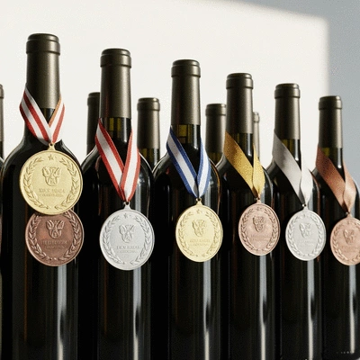 Wine award medals and ribbons on wine bottles, clean image