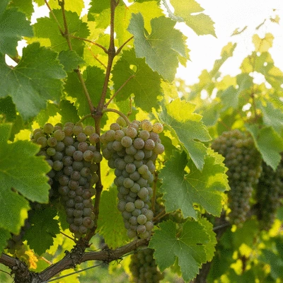 Close-up of healthy grapevines with lush leaves and ripe grapes, sunlight, no text, no words, no typography, 8K