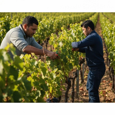 Vineyard workers implementing sustainable viticulture practices, tending to grapevines with care, natural lighting, no text, no words, no typography, 8K