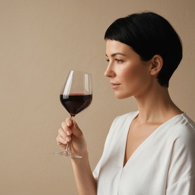 Person holding a glass of red wine, observing its color and clarity