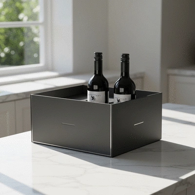 A sleek delivery box containing two bottles of Australian red wine on a modern kitchen counter, suggesting convenience