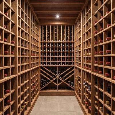 Wine bottles stored horizontally in a climate-controlled cellar