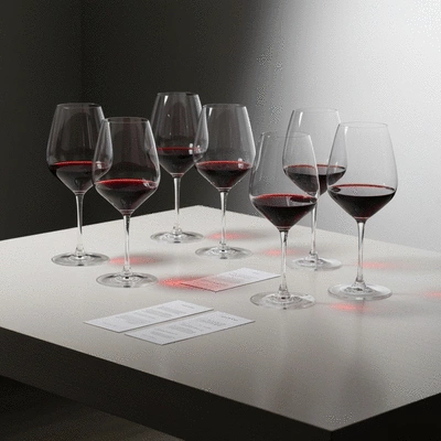Elegant wine tasting setup with multiple glasses and tasting notes, clean image