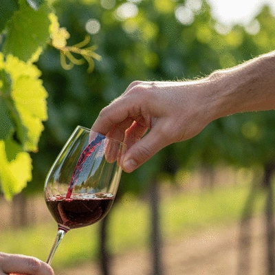 Close-up of red wine being poured into a glass during a tasting