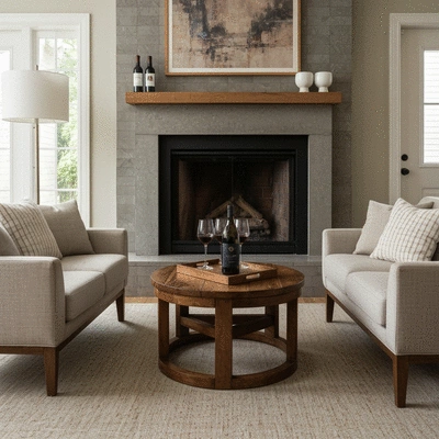 Softly lit room with comfortable seating, ambient lighting, and red wine glasses on a table, creating a cozy atmosphere