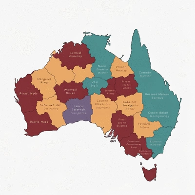 Stylized map of Australian wine regions with different varietals highlighted