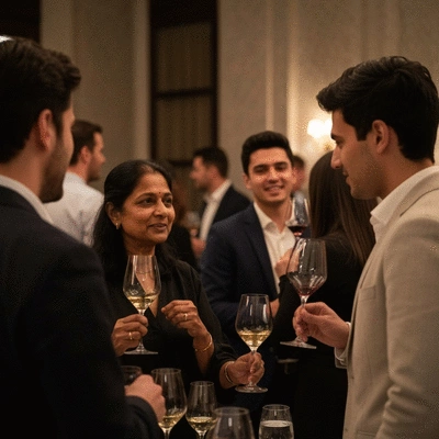 People enjoying a wine tasting event, holding glasses and conversing