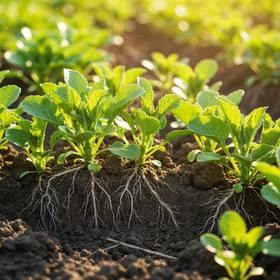 Close-up of healthy vineyard soil with cover crops, sun shining, no text, no words, no typography, 8K