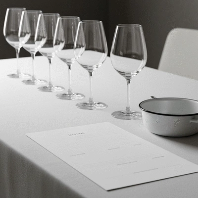 Professional wine tasting setup with multiple glasses and a spittoon